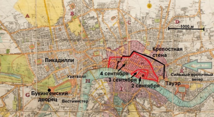 План Лондона 1666 года, где показано как распространялся пожар