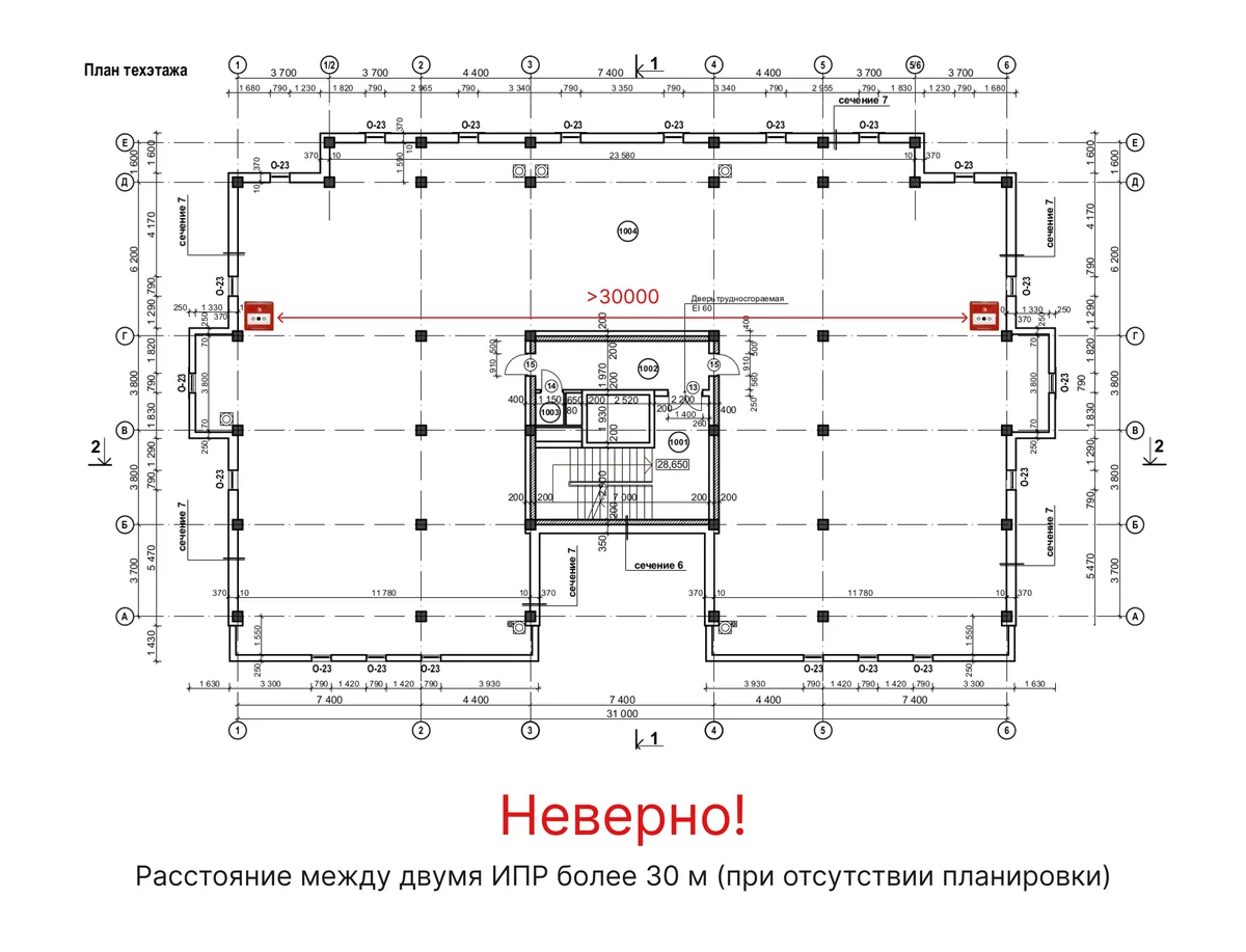 Ошибка № 4. Не соблюдено требование, запрещающее устанавливать ИПР более чем на 30 м. друг от друга, если планировка объекта не установлена