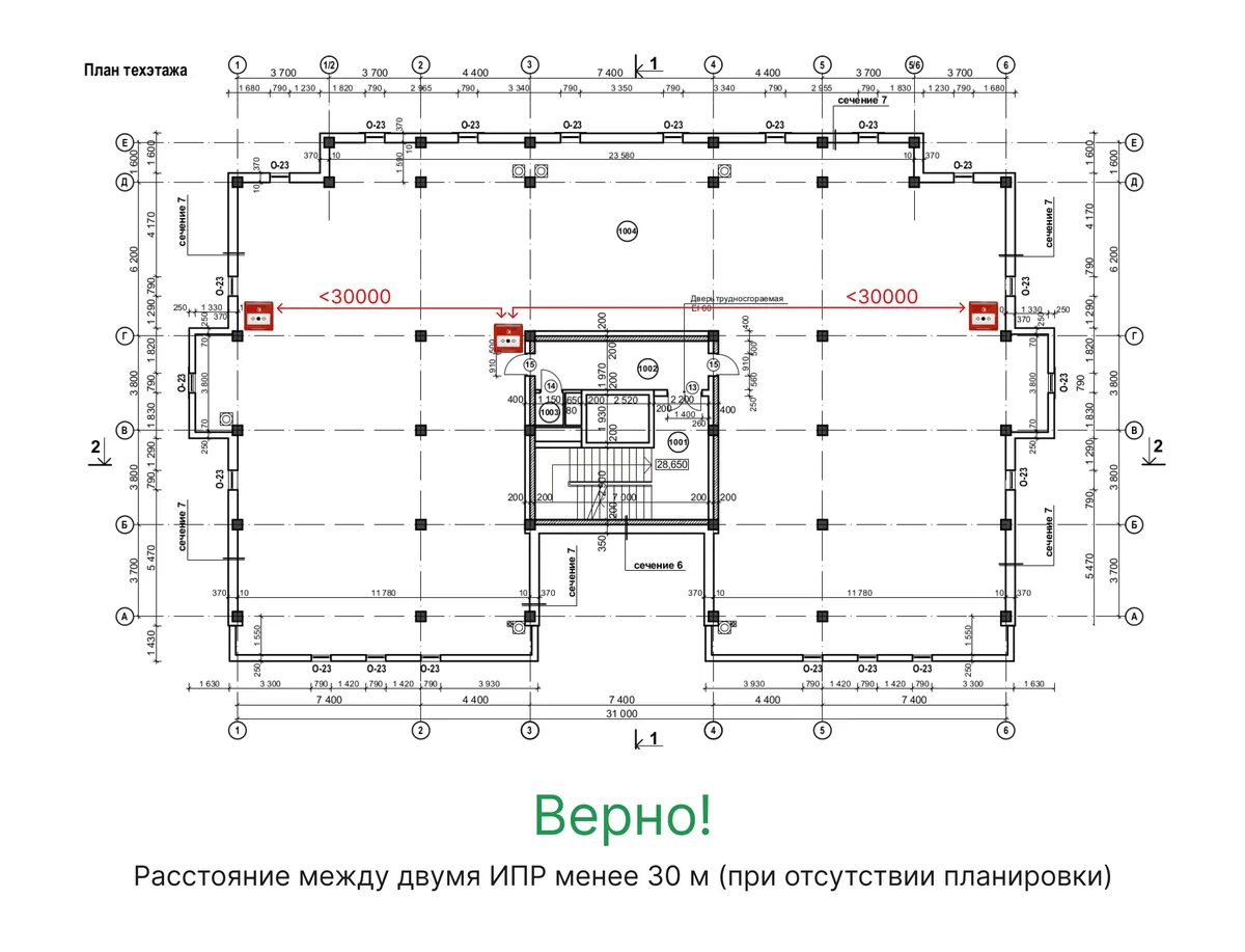 Ошибка № 4. Не соблюдено требование, запрещающее устанавливать ИПР более чем на 30 м. друг от друга, если планировка объекта не установлена